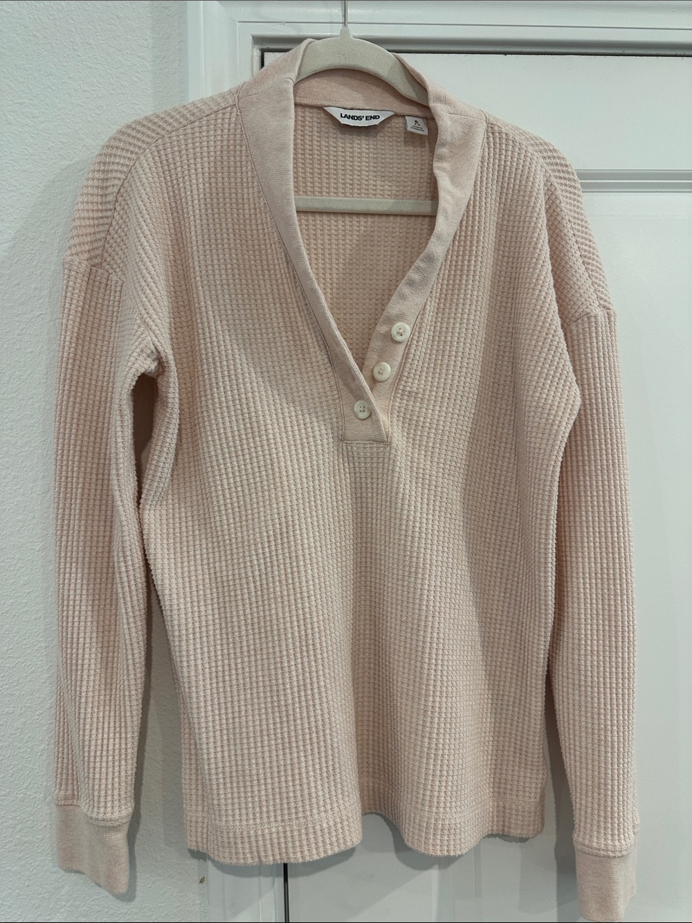 Lands' End Women's Light Cream Waffle-Knit V-Neck Henley Sweater
